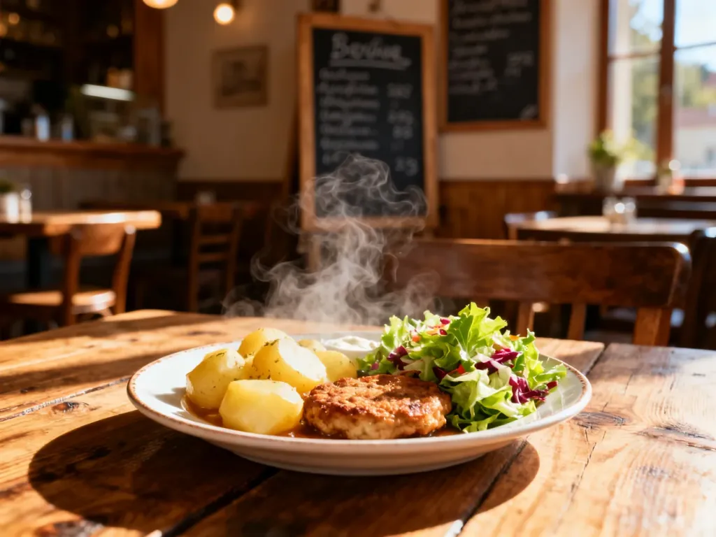 Parujący talerz domowego obiadu z kotletem, ziemniakami i surówką na drewnianym stole w przytulnym bistro.