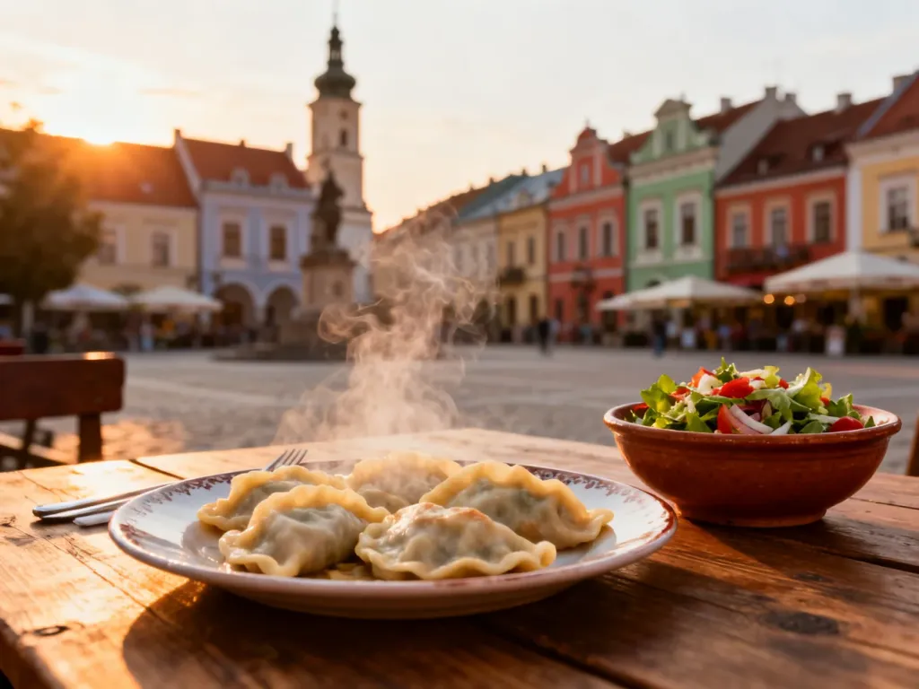 Tradycyjne pierogi na drewnianym stole z widokiem na malowniczy rynek starego miasta w Sandomierzu o zachodzie słońca.