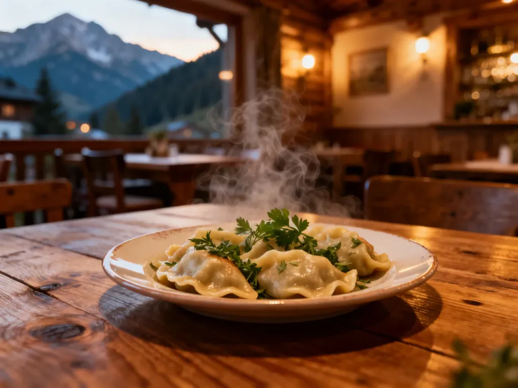 Talerz tradycyjnych polskich pierogów z ziołami na drewnianym stole w przytulnej restauracji w Kudowie-Zdroju.