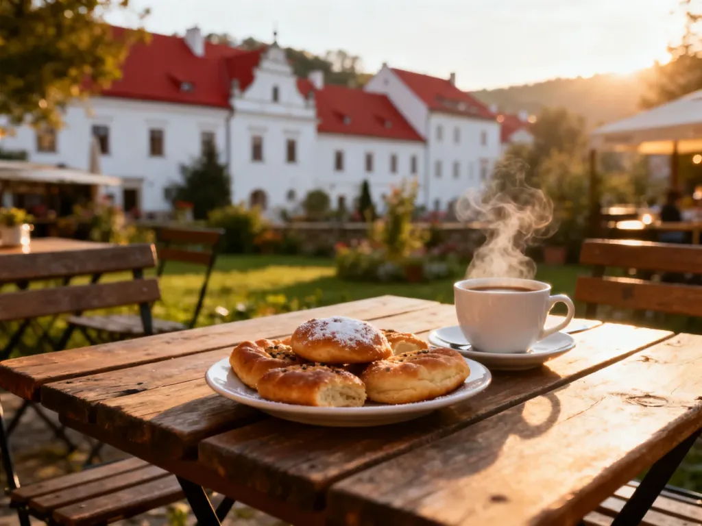 Drewniany stolik w kawiarnianym ogrodzie z tradycyjnymi wypiekami i kawą na tle zabytkowej architektury Kazimierza Dolnego.