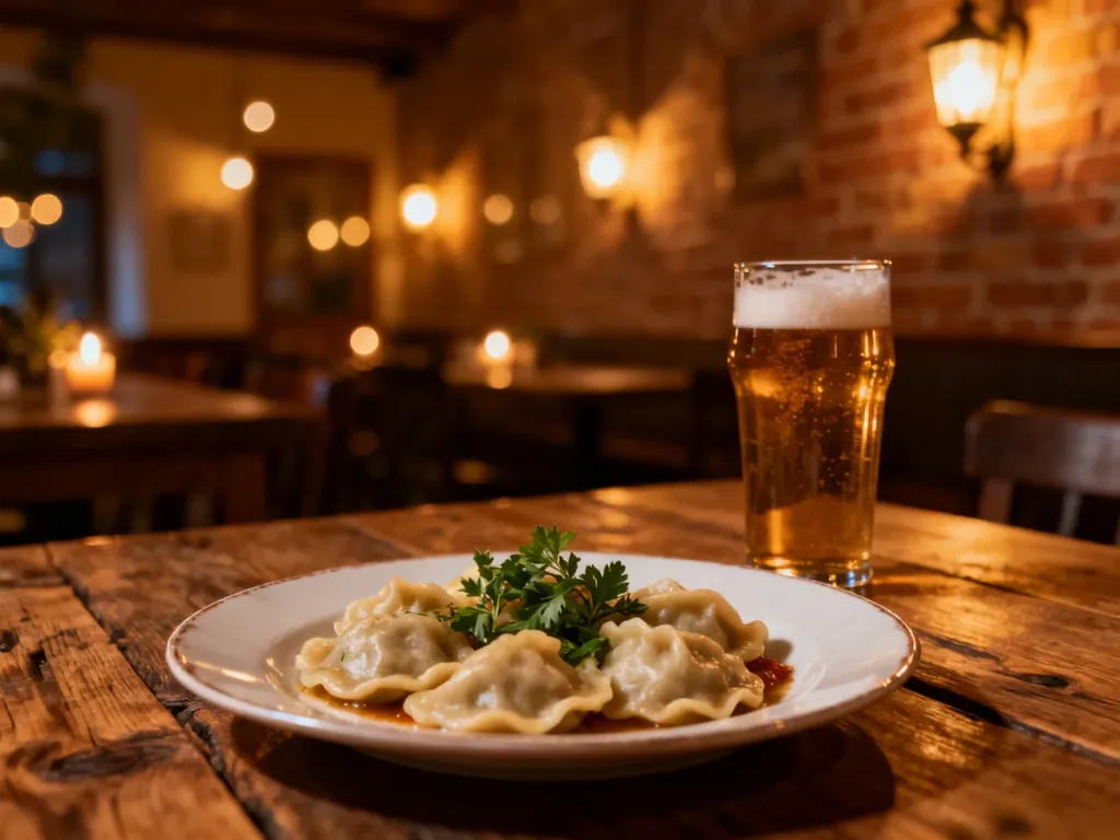 Talerz tradycyjnych pierogów i szklanka piwa rzemieślniczego na drewnianym stole w przytulnej restauracji w Olsztynie.