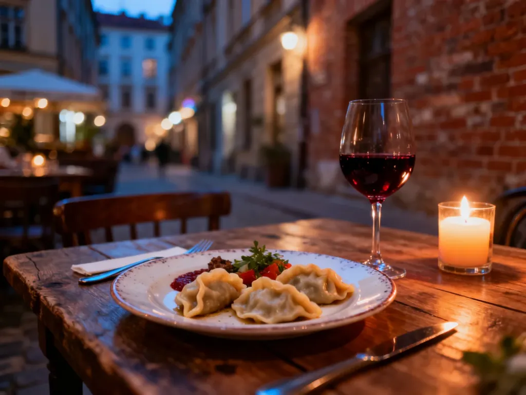 Talerz tradycyjnych pierogów z kieliszkiem wina na drewnianym stole w przytulnym wnętrzu wrocławskiej restauracji.