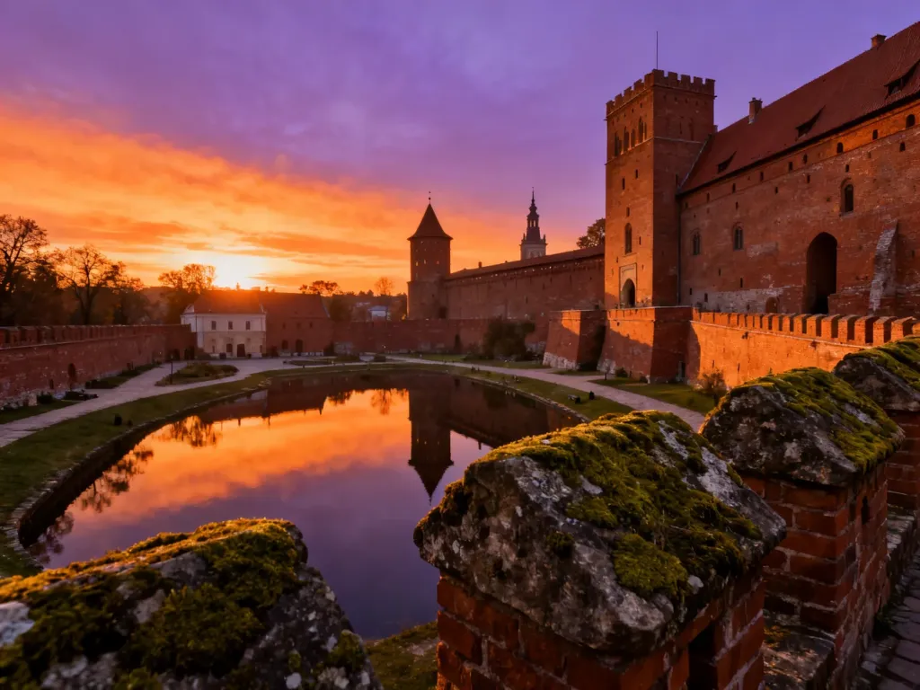 Majestatyczny zamek krzyżacki w Rynie podczas zachodu słońca, podkreślający historyczną architekturę budowli.