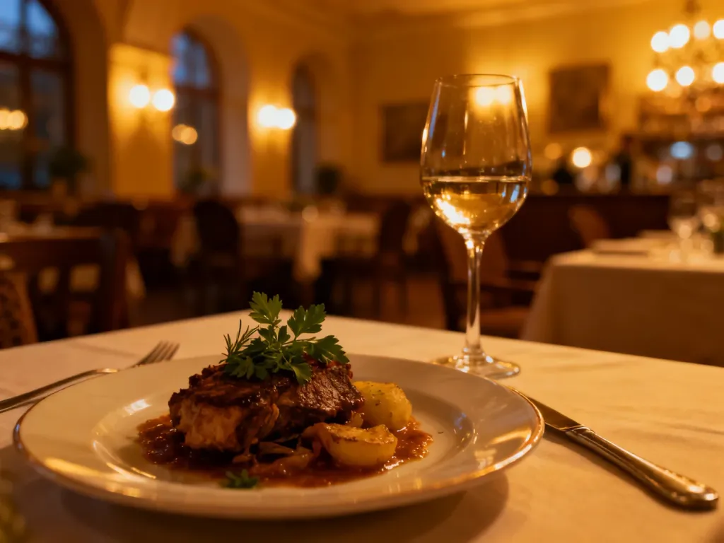 Elegancko podane tradycyjne danie kuchni polskiej z kieliszkiem wina w przytulnym wnętrzu restauracji w Częstochowie.