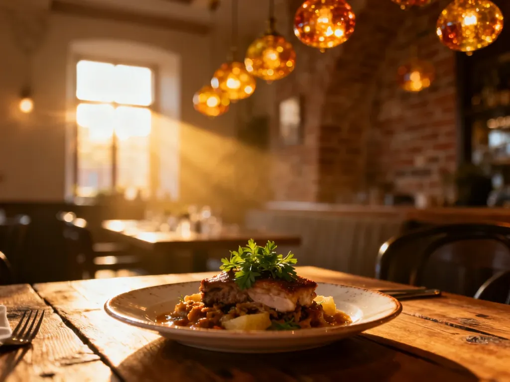 Elegancko podane danie kuchni polskiej na drewnianym stole w przytulnym wnętrzu gdańskiej restauracji.