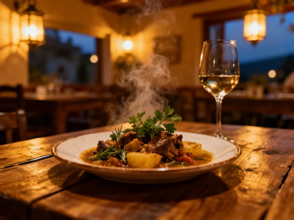 Elegancko podane danie kuchni lokalnej z kieliszkiem wina w przytulnym wnętrzu elbląskiej restauracji.
