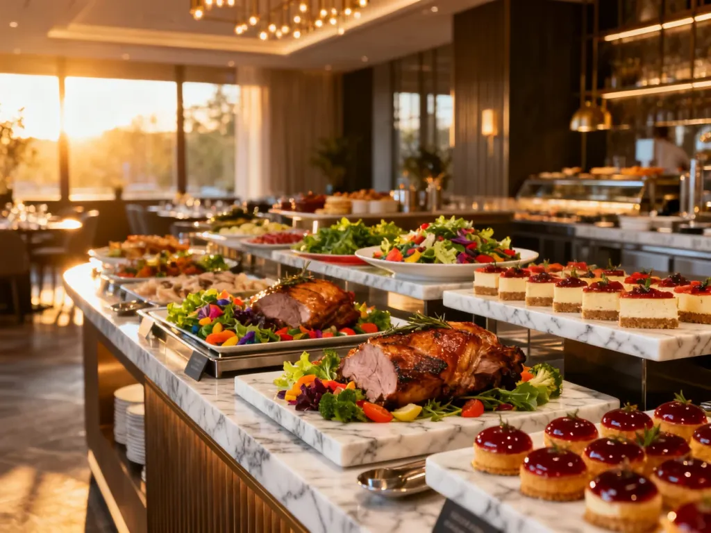 Bogato zastawiony bufet z wykwintnymi daniami i deserami w nowoczesnej restauracji we Wrocławiu.