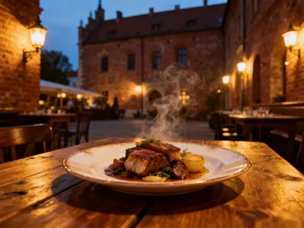 Wykwintne danie kuchni polskiej podane na rustykalnym stole w klimatycznym wnętrzu restauracji w Grudziądzu.