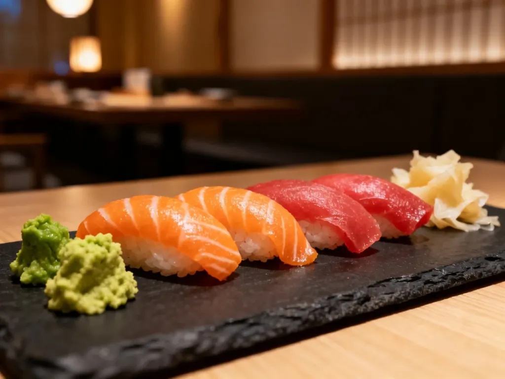 Elegancko podany zestaw sushi z nigiri, wasabi i imbirem na ciemnej kamiennej desce w przytulnej restauracji.