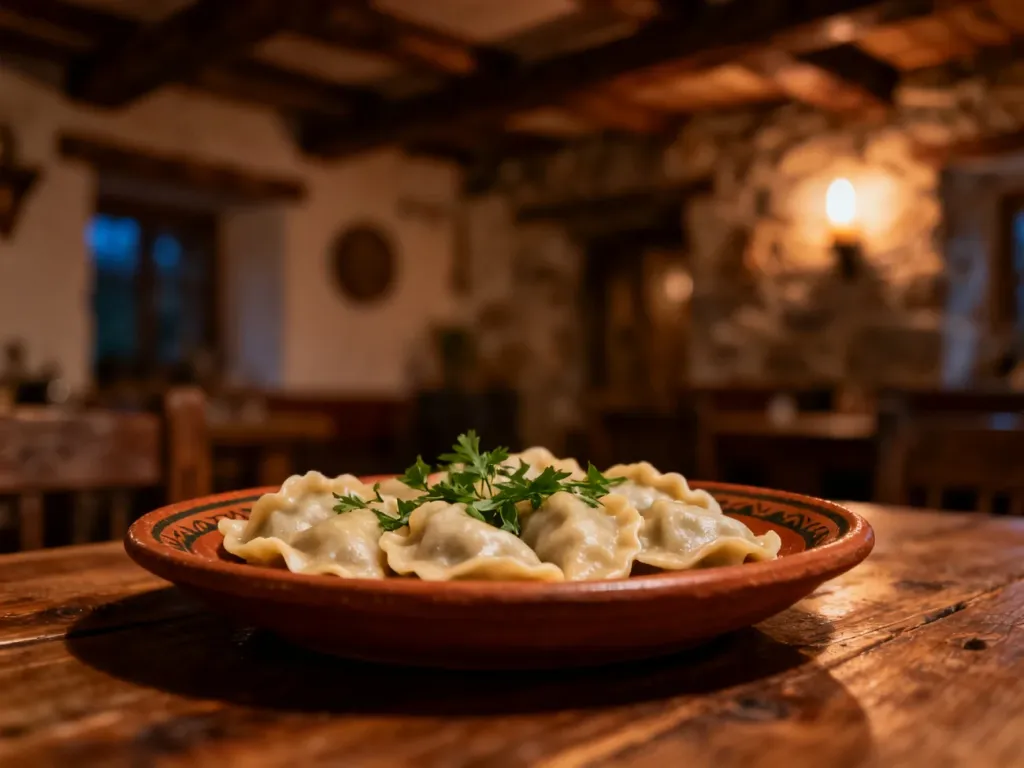 Tradycyjne pierogi na glinianym talerzu w przytulnym wnętrzu rustykalnej restauracji o ciepłym, wieczorowym oświetleniu.