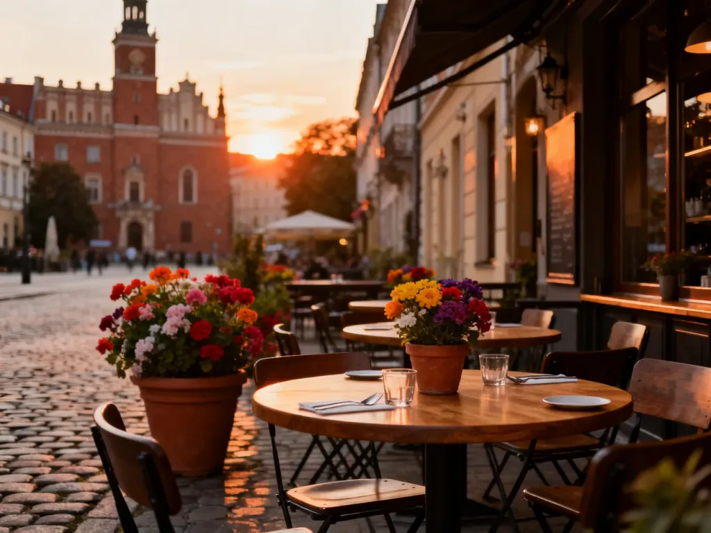 Przytulny ogródek restauracji „Tam gdzie zawsze” w Poznaniu z drewnianymi stolikami i kwiatami w promieniach zachodzącego słońca.