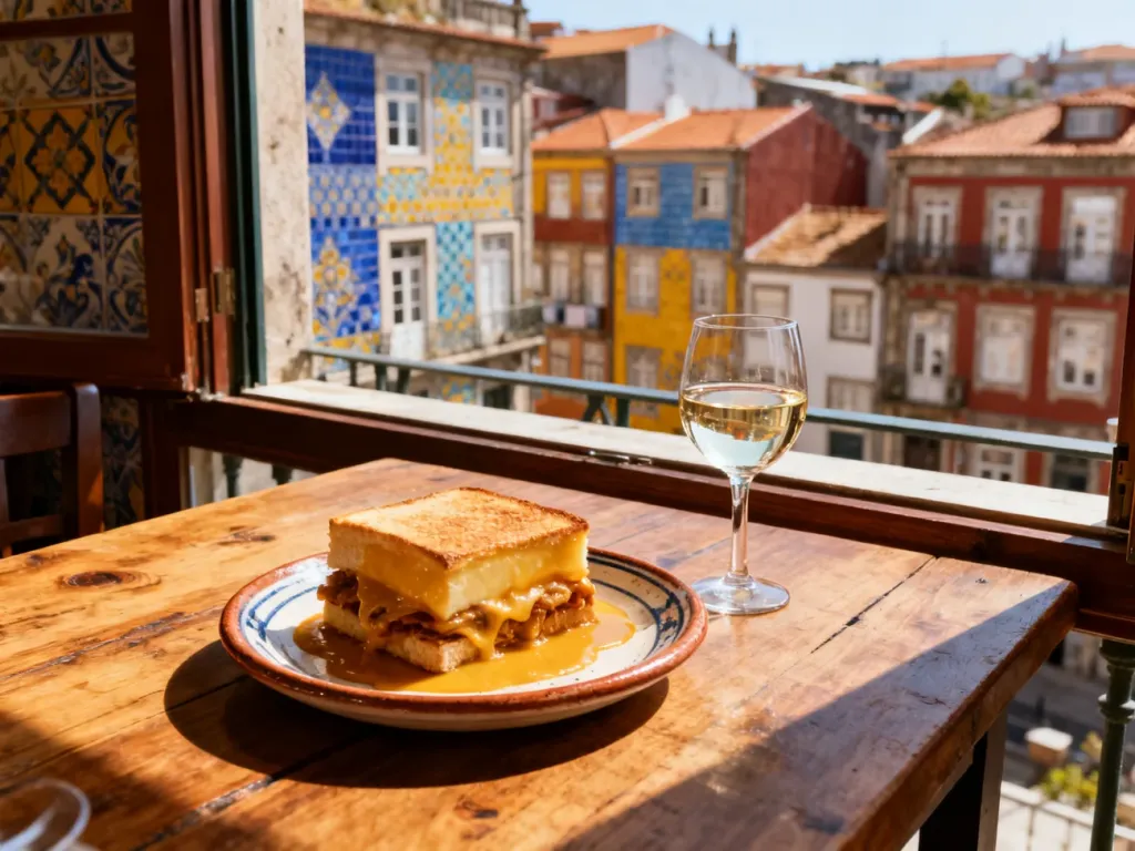 Tradycyjna kanapka Francesinha z kieliszkiem wina na tle kolorowych kamienic Porto w słoneczne popołudnie.