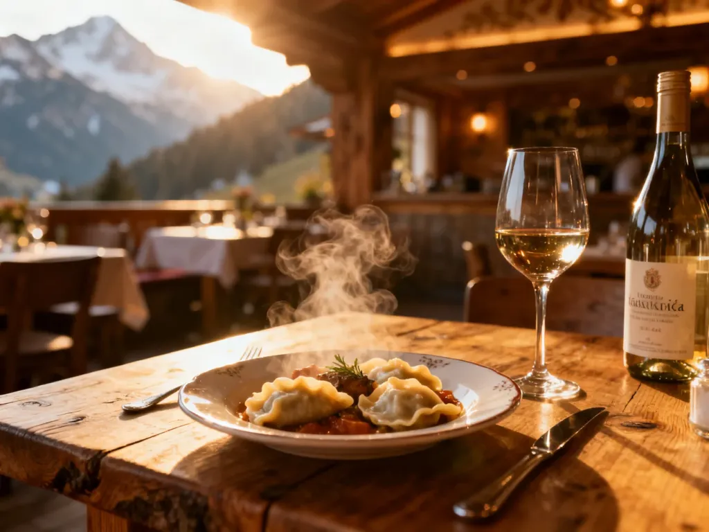 Talerz tradycyjnych pierogów i kieliszek wina w przytulnej górskiej restauracji w Krynicy-Zdroju.