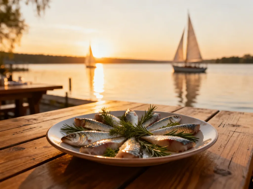 Wykwintne danie z rybą na tle jeziora w Augustowie o zachodzie słońca, zachęcające do odwiedzenia lokalnej restauracji.