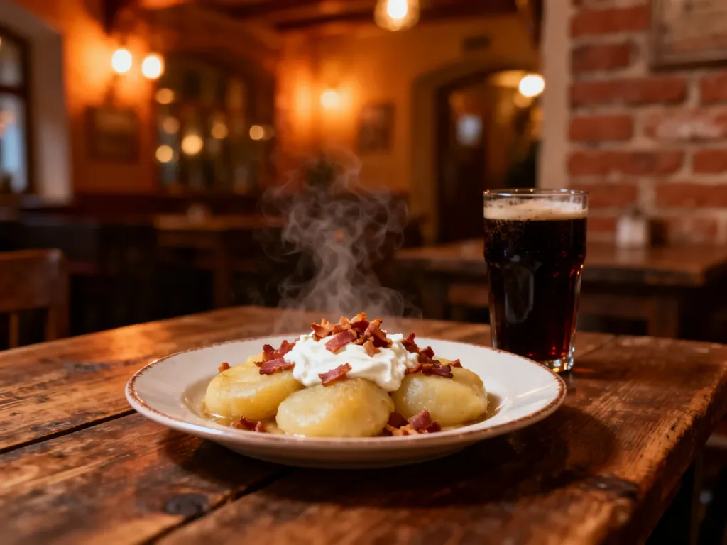 Tradycyjne litewskie cepeliny ze skwarkami i śmietaną oraz szklanka kwasu chlebowego w przytulnej wileńskiej restauracji.