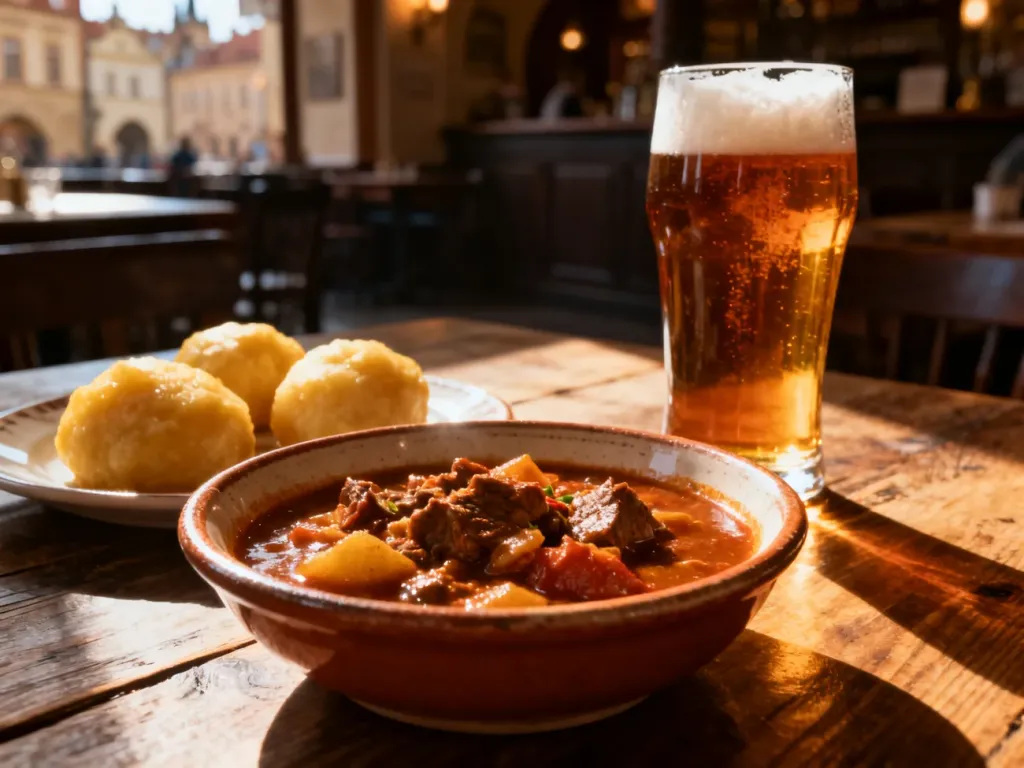 Tradycyjny czeski gulasz z knedlikami i kuflem piwa na drewnianym stole w przytulnej praskiej restauracji.