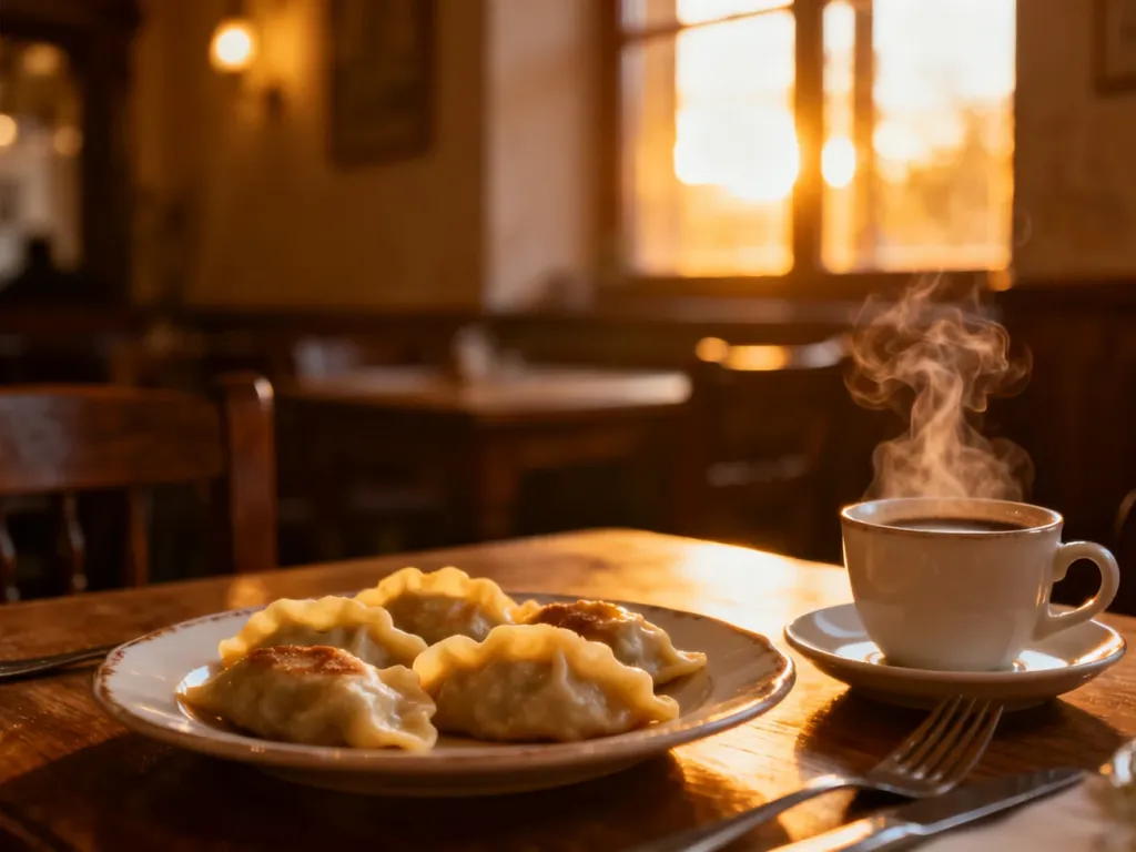 Tradycyjne pierogi i gorąca kawa na rustykalnym stole w przytulnym wnętrzu cieszyńskiej restauracji.