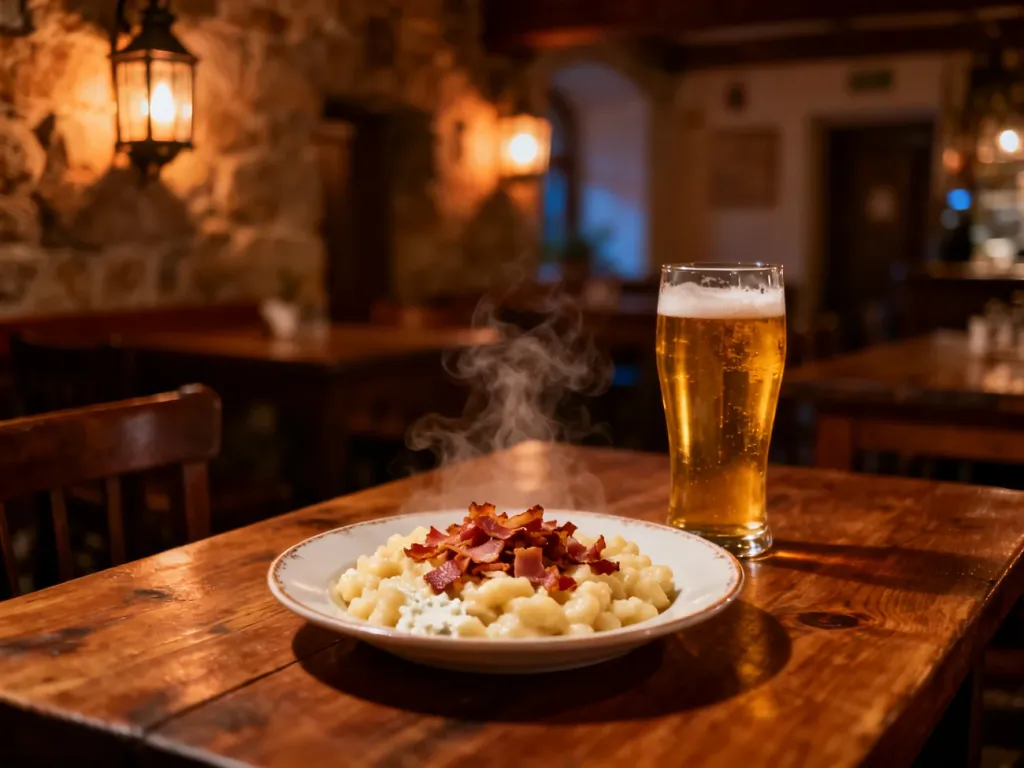 Tradycyjne słowackie danie bryndzové halušky z boczkiem i zimne piwo na drewnianym stole w klimatycznej restauracji.