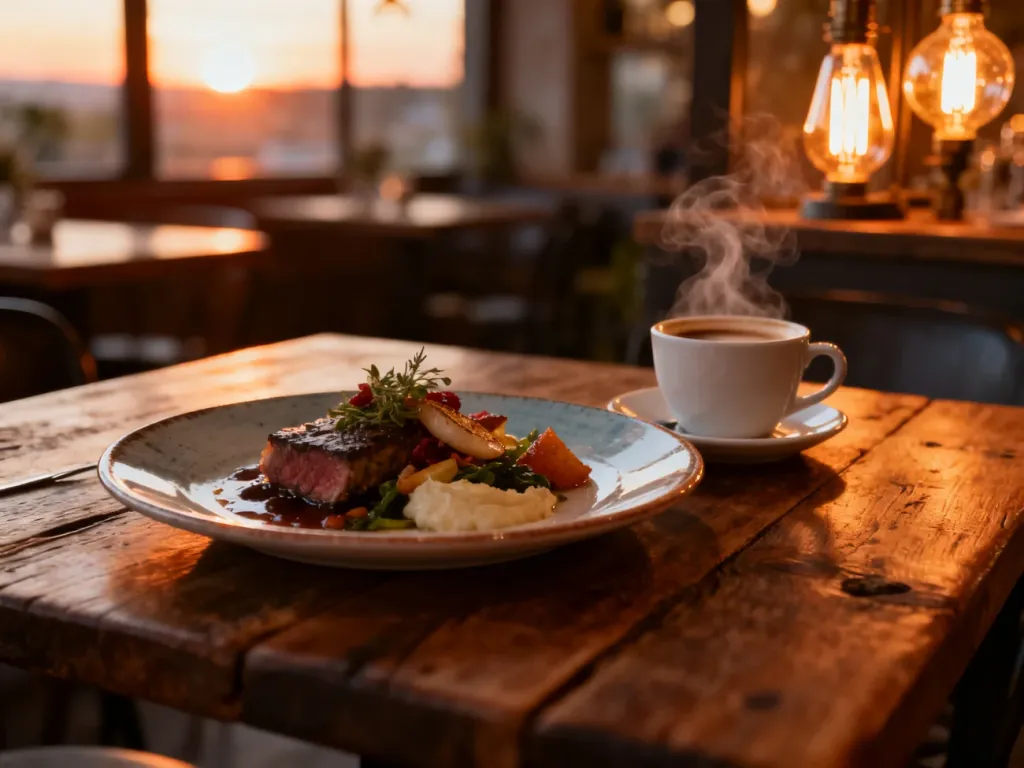 Wykwintne danie kuchni lokalnej oraz parująca kawa na drewnianym stole w przytulnej restauracji w Gnieźnie.