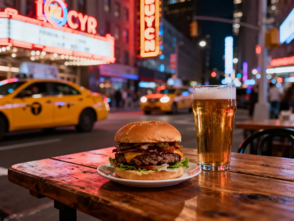Apetyczny burger z piwem rzemieślniczym na tle rozświetlonych nocnych ulic Manhattanu i nowojorskiego bistro.